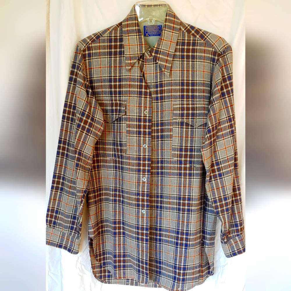 Pendleton Men's VTG Wool Button Down Shirt Grey Blue Brown Black Plaid Size 15.5